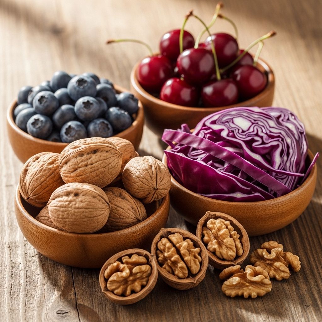 Rich composition of deep coloured antioxidant-rich foods including blueberries, dark cherries, red cabbage, and walnuts artfully arranged in small wooden bowls on a rustic surface with warm natural light