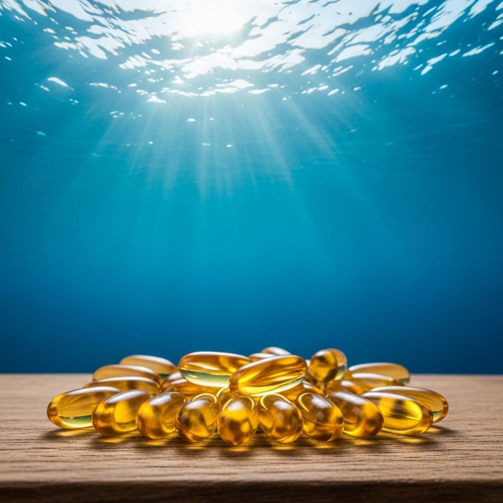 Deep ocean scene with clear blue water and light refracting below the surface, with a macro shot of golden fish oil capsules on a wooden board in the foreground, symbolising marine omega-3 sources