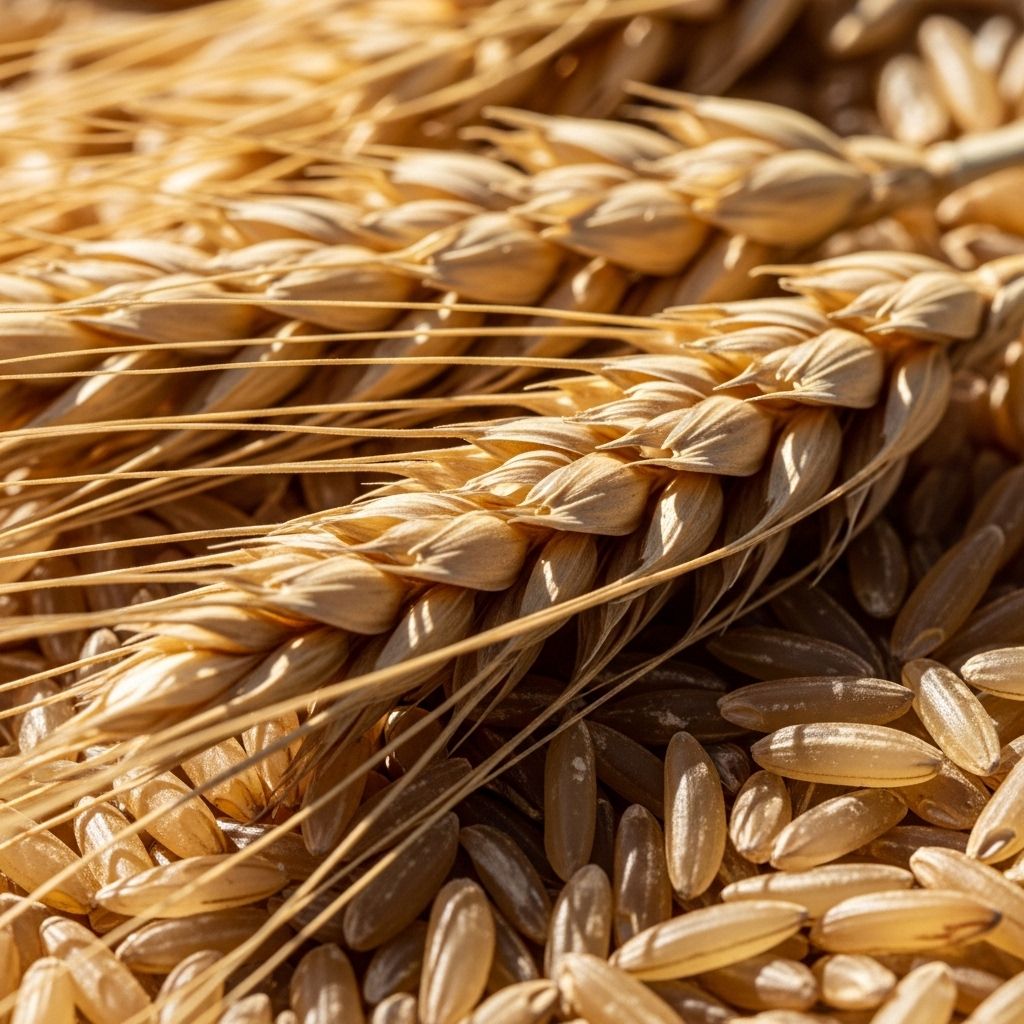 Macro photograph of golden wheat grain heads and brown rice in warm sunlight, representing natural whole grain sources of B-complex vitamins with rich textural detail