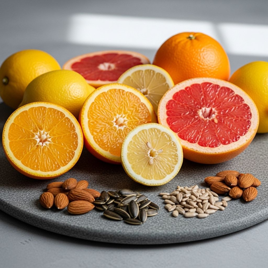 Vivid arrangement of bright citrus fruits sliced open alongside almonds and sunflower seeds on a clean stone surface with soft natural light, representing antioxidant vitamin C and E food sources